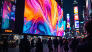 A photograph of capture a photograph of a vibrant led display in a bustling urban environment
