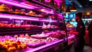 A photograph of the oakmont bakery's vibrant led display showcasing enticing baked goods
