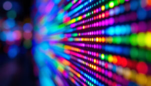 A photograph of a close-up of a vibrant led display showcasing dynamic colors and patterns