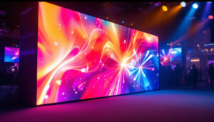A photograph of capture a photograph of a vibrant backdrop wall panel featuring an led display in an engaging event or exhibition setting