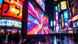 A photograph of a vibrant led display in a bustling urban environment