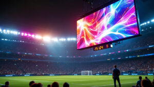 A photograph of a vibrant led scoreboard in action during a live sporting event