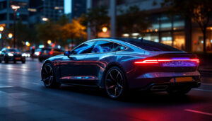 A photograph of a sleek car parked in an urban setting