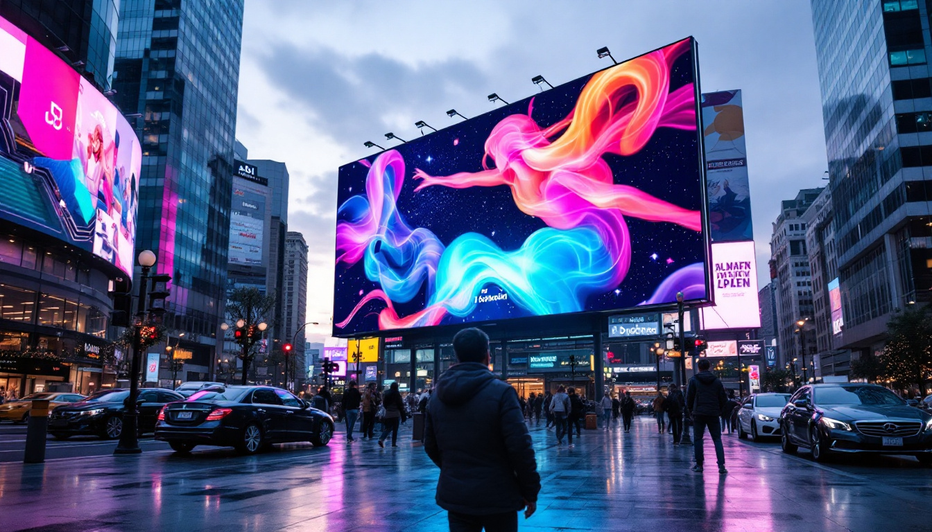 A photograph of a vibrant electronic billboard displaying dynamic advertisements in an urban setting