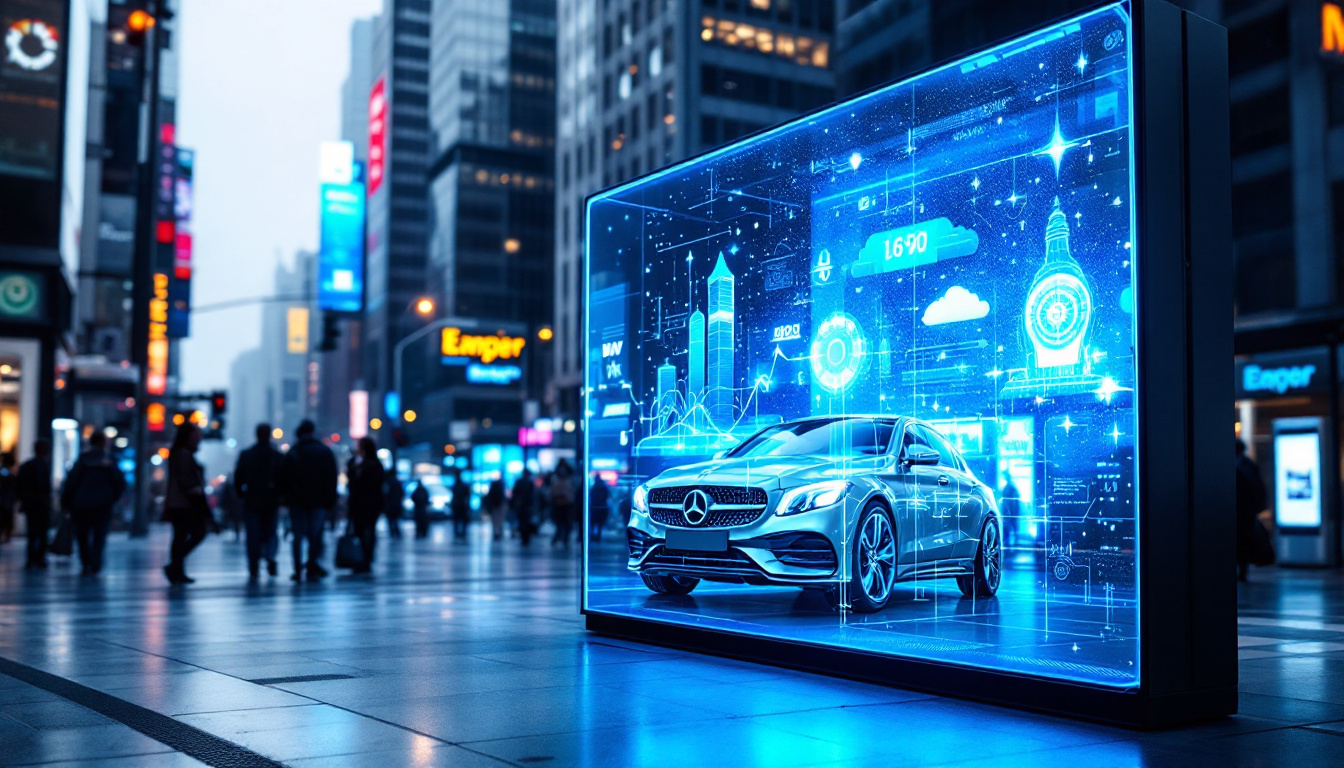 A photograph of a transparent led screen in an urban setting