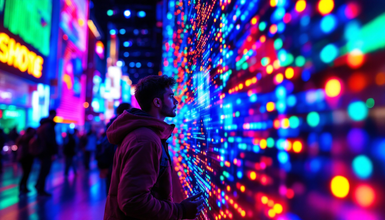 A photograph of a vibrant led display in a dynamic setting