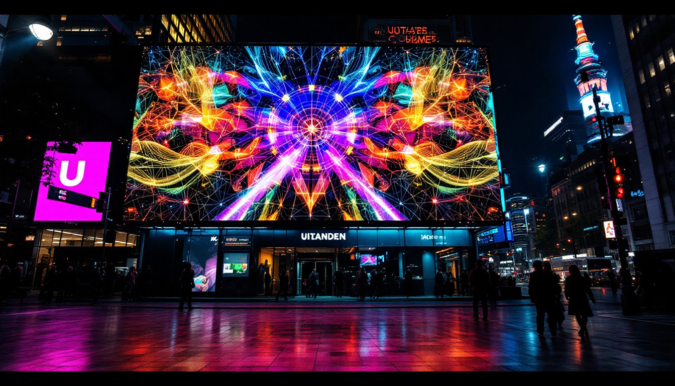 A photograph of a vibrant led display in an urban setting at night
